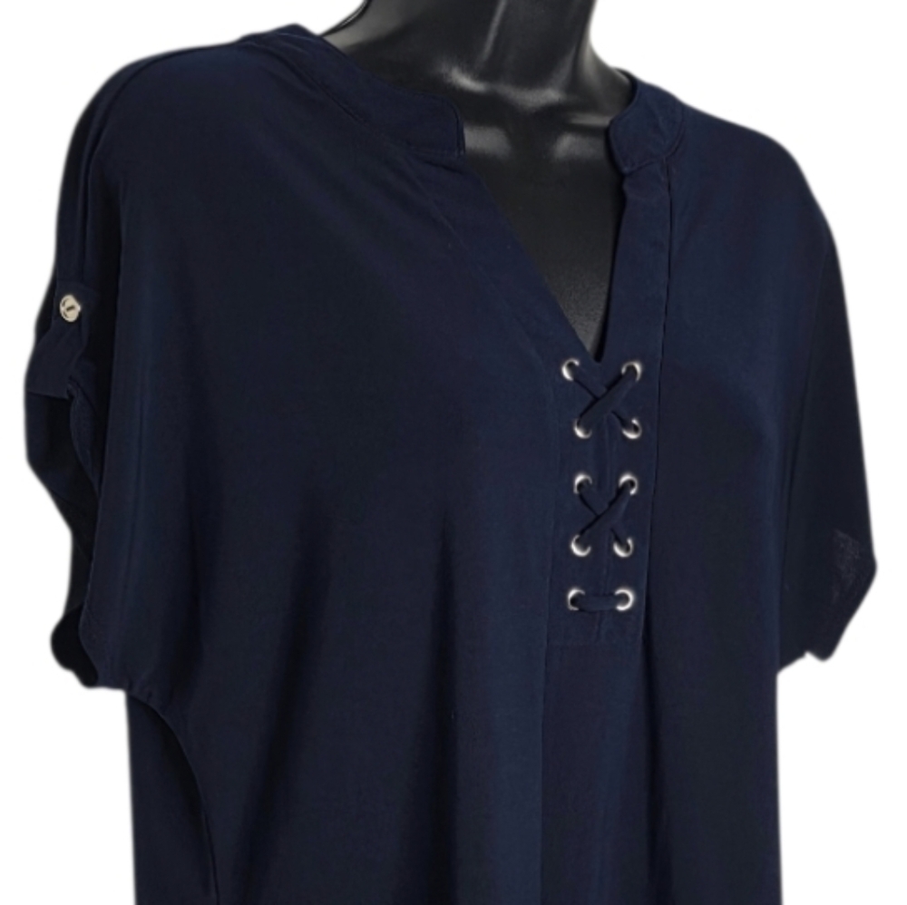 Navy Top With Lace-Up Detail
